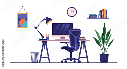 Stylish and modern home office interior with a computer, desk, ergonomic chair, books, and a plant for a productive workspace.