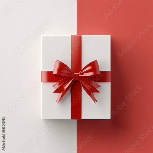 White Gift Box with Red Ribbon on two tone background with copy space or text space