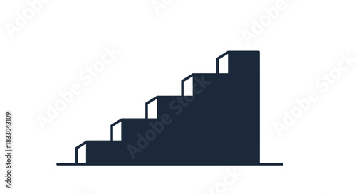 Simple dark blue silhouette icon of a staircase, representing progress, steps, success, growth, and moving up in career or life.