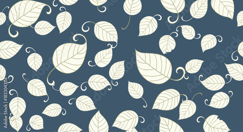 Elegant seamless background pattern with whimsical, swirling cream-colored leaves on a dark blue-grey background for a classic look.