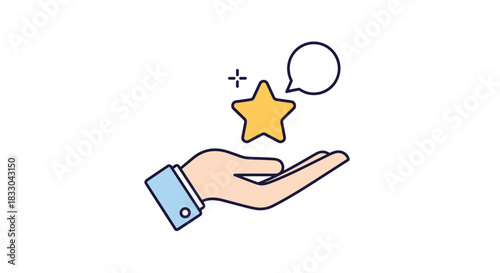 Hand holding a star with a speech bubble, an animated icon representing customer reviews, feedback, ratings, and testimonials.