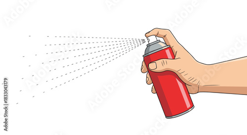 Illustrated hand holding a red aerosol can, pressing the button to release a wide spray of paint, deodorant or other substance.