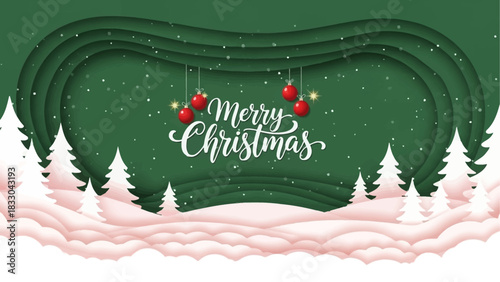 Whimsical Christmas Scene Evergreen Trees, Baubles, and Falling Snow Festive Design