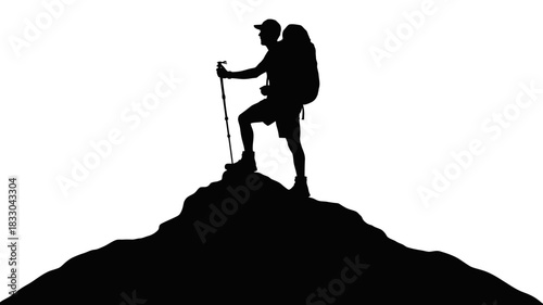 Silhouette of a hiker with a backpack and trekking pole standing triumphantly on a mountain peak