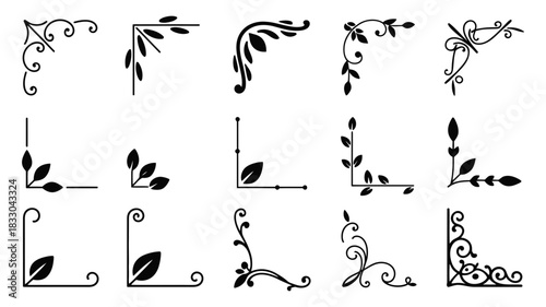 Collection of twelve black decorative corner elements and flourishes featuring floral and leaf motifs