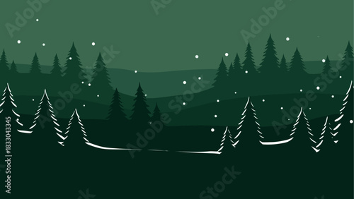Winter Forest Scene A Serene Landscape with Snowfall and Evergreen Trees in Silhouette