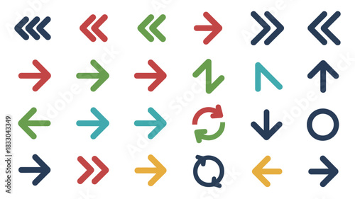 Collection of various colorful arrow icons pointing in different directions like left, right, up, down, and curved for navigation or direction concept