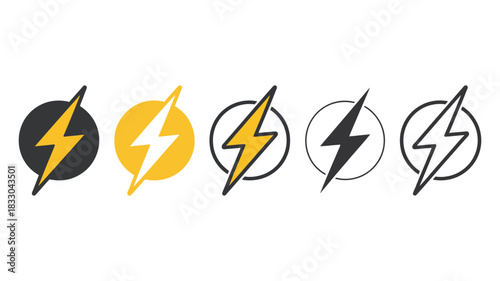 Set of five different lightning bolt icons or symbols in various styles including solid fill, outline, and color variations
