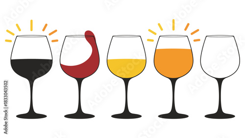 Five wine glasses showing different colors and levels of red and white wine