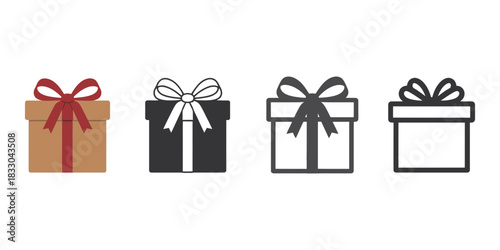 Set of four gift box icons with bows in different styles including color, solid black, outline, and simple line art