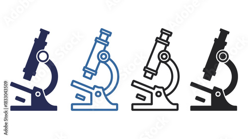 Set of four microscope icons in different styles including solid fill and outline