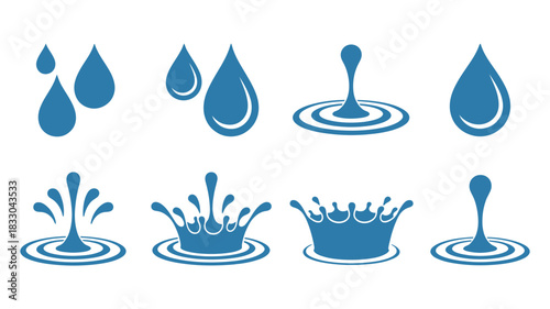 Set of blue water drop icons showing various stages of splashing, dripping, and ripple effects