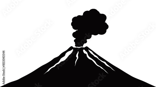 Black silhouette illustration of an erupting volcano emitting a large plume of dark smoke against a stark