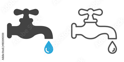 Set of two water tap icons, one solid silhouette and one outline style, both showing a single drop of water leaking from the spout