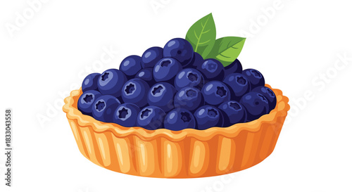 Delicious and fresh blueberry tartlet with a flaky crust and green mint leaves on top, a sweet dessert isolated on white.