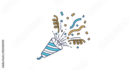 Festive party popper exploding with colorful confetti and streamers, a simple icon for celebrating birthdays, holidays, and achievements.