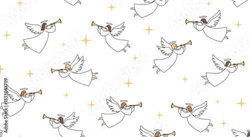 Seamless Christmas pattern with cute angels blowing trumpets among golden sparkling stars on a clean white background for the holidays.