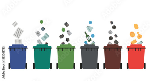 Waste sorting concept with different colored recycling bins for paper, glass, plastic, and organic waste to protect the environment.