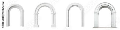 Fototapeta Four decorative arched doorways and door frames in a variety of styles with architectural elements, white on white background, isolated design