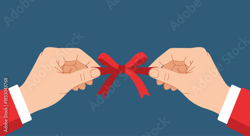 Two hands in Santa Claus sleeves tying a beautiful red ribbon into a bow, perfect for wrapping Christmas presents and gifts.