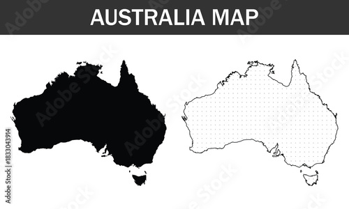 Australia map silhouette and dotted outline set