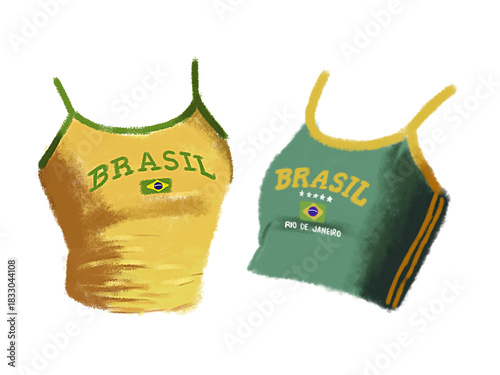 Illustration of a yellow sleeveless top with green details and the word 