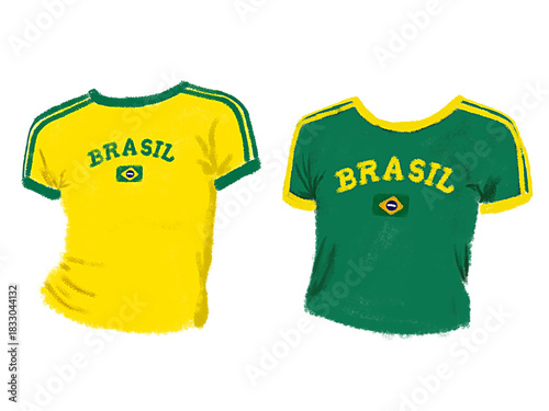 Watercolor effect illustration of Brazilian t-shirts. Yellow t-shirt with green details and the word 