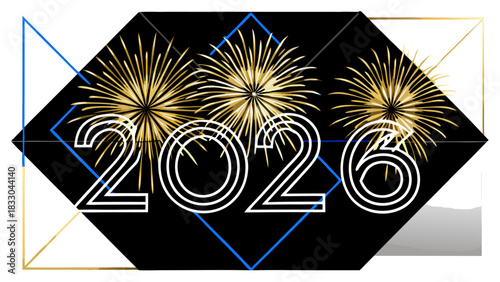 Very beautiful elegant New Year greeting design featuring bold golden 2026 numerals, soft glowing highlights, and abstract shimmering fireworks set against a refined blue geometric background, perfect