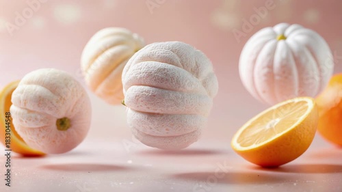 Textured Peeled Oranges Floating Amidst Fresh Citrus on Pink Background