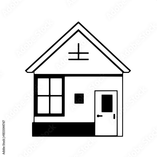 Flat graphic icon of a house composed of geometric shapes, featuring a sharply pitched roof with clean lines, an oversized grid window with thick black frames, a small square window with a subtle bord
