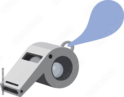 Silver metal whistle vector graphic emitting a light blue sound puff, symbolizing sports, coaching, or an alert.