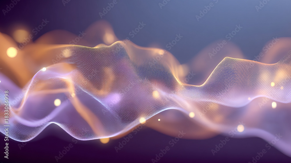 Fototapeta premium Abstract gradient particle waves seamlessly flowing with soft purple light and bokeh. Orange and blue digital waves. Technology, engineering, science, and artificial intelligence background