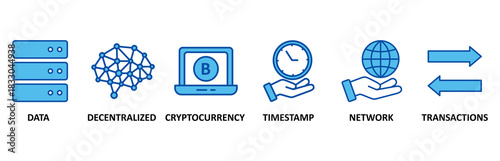 Blockchain banner web icon set In Blue Style vector illustration foricon of data, decentralized, crypto currency, timestamp, network and transactions