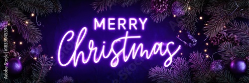 Merry christmas neon sign with glowing purple text and festive tree branches