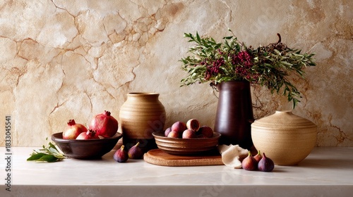 A still life composition featuring pomegranates, figs, and a floral arrangement with vases and bowls on a countertop. The scene is illuminated by warm lighting.
