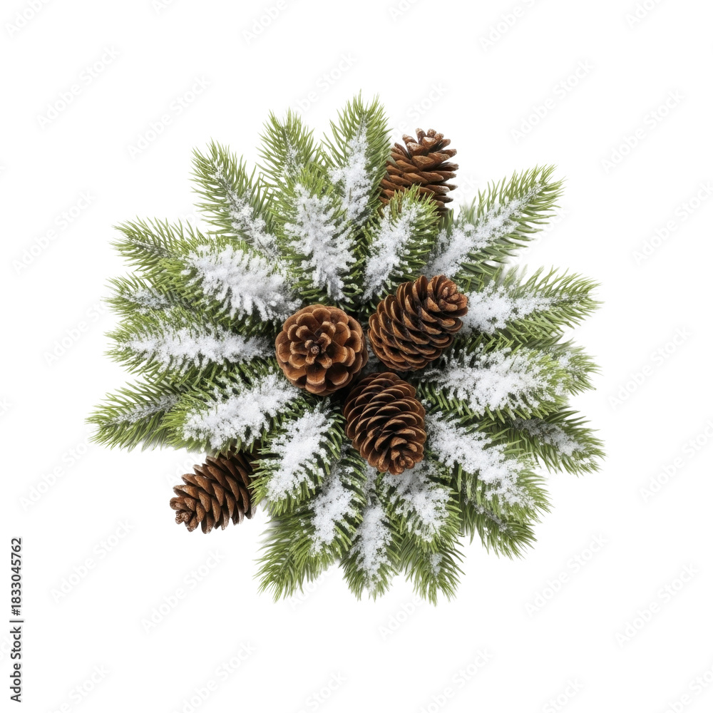 Naklejka premium Frosted Evergreen Branches with Pinecones on a Transparent Background PNG image