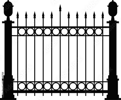 A simple black and white illustration of an ornate metal gate with decorative posts and pointed pickets.Black wrought iron fence with pointed finials and decorative scrolls white metal.