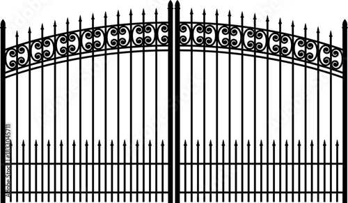 A simple black and white illustration of an ornate metal gate with decorative posts and pointed pickets.Black wrought iron fence with pointed finials and decorative scrolls white metal.