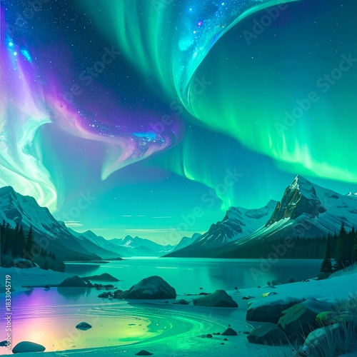 Landscape with polar shine art neon light illustration pattern