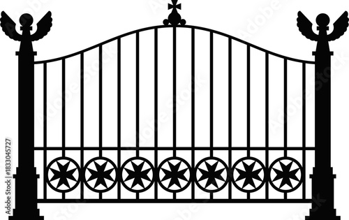 A simple black and white illustration of an ornate metal gate with decorative posts and pointed pickets.Black wrought iron fence with pointed finials and decorative scrolls white metal.