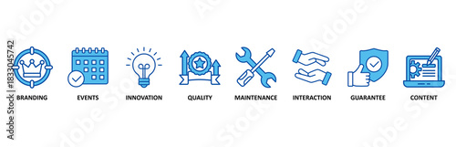 Customer engagement banner web icon set In Blue Style vector illustration foricon of branding, events, innovation, quality, maintenance, interaction, guarantee, content