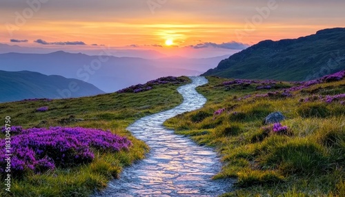 A stone path winds through a field of purple flowers, leading towards a beautiful sunset over distant mountains.
