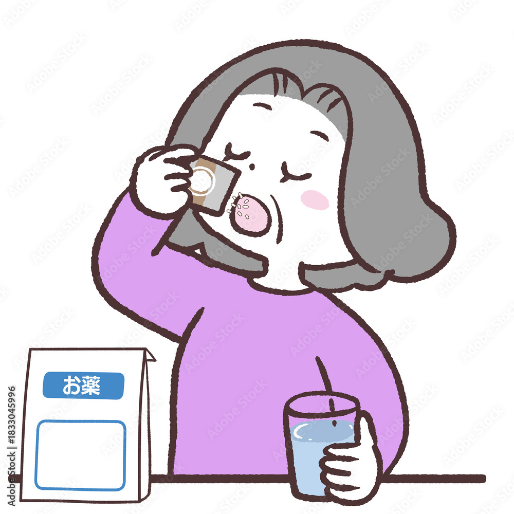 Obraz premium 粉薬を飲むシニア女性のイラスト