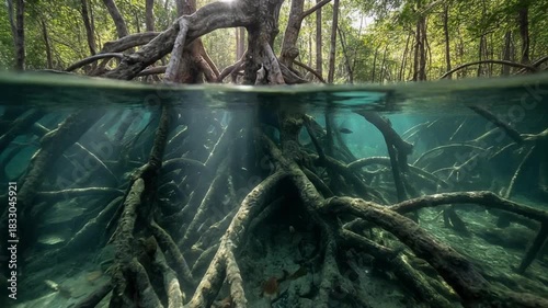 Underwater Roots and Lush Canopy of a Vibrant Mangrove Ecosystem