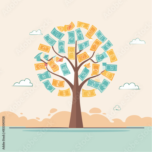 Money Tree With Banknotes Growing On Branches Against A Cloudy Sky Background Symbolizing Wealth Growth And Financial Success