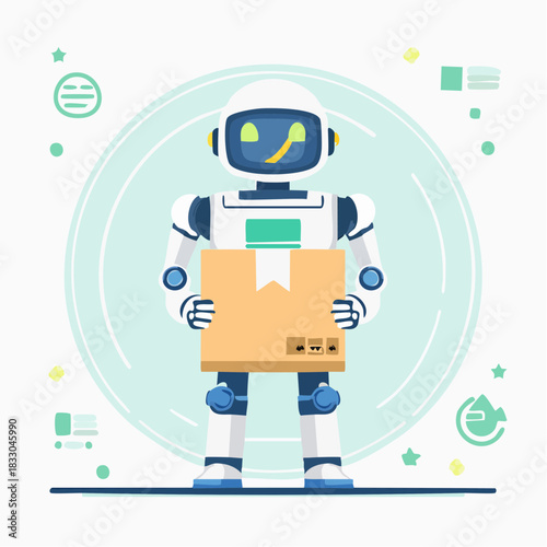 Friendly Robot Character Holding a Cardboard Box in a Digital Futuristic Environment with Geometric Shapes and Subtle Glow Effect