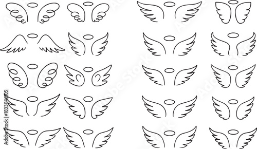 Sketch angel wings. Doodle bird wing logo, hand drawn heaven symbol with halo. Outline eagle or phoenix tattoo graphic, freedom dove, hawk vintage emblem black and white