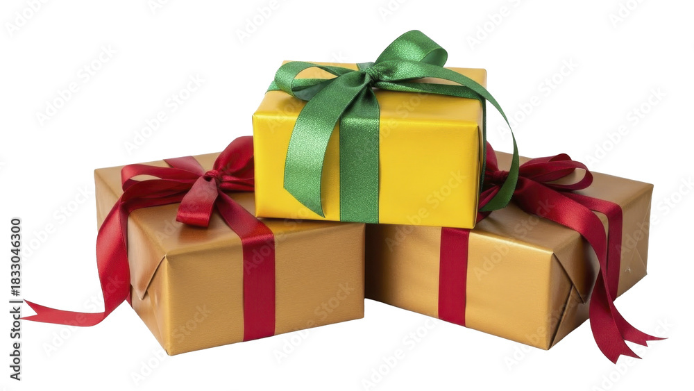 Fototapeta premium Christmas presents stack gold yellow red green ribbons transparent PNG image
