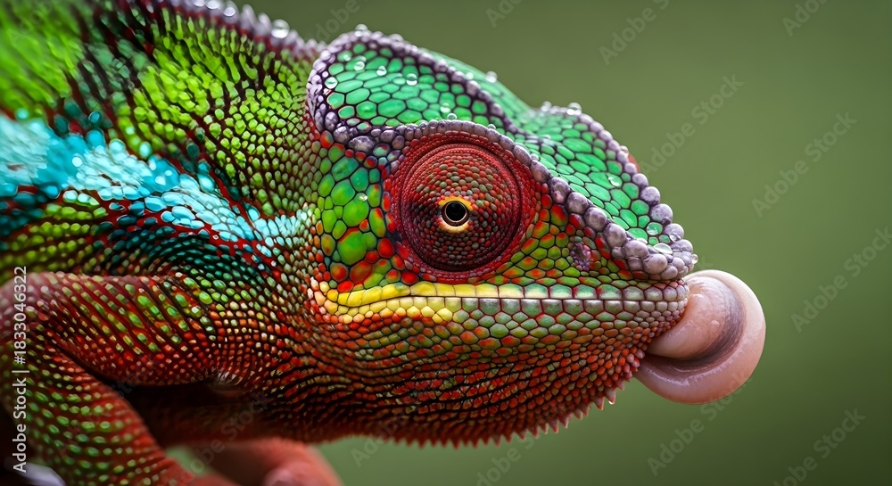 Fototapeta premium Vibrant chameleon with colorful scales catches prey with its long tongue, showcasing intricate detail and nature's artistry.