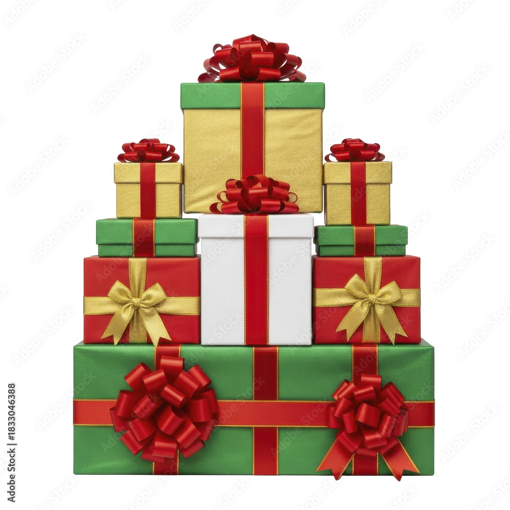 Fototapeta premium Stacked red green and gold Christmas gift boxes with bows, on a transparent background, PNG image